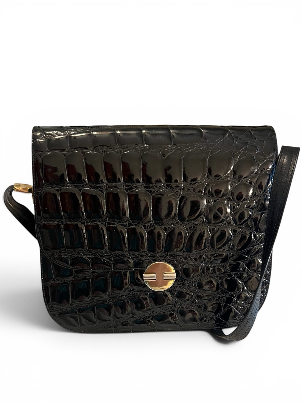 Amelia Berko Vintage Black Crocodile Leather Flap Shoulder Bag Made In Greece